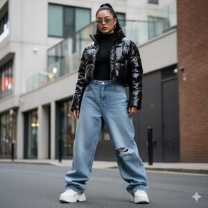 PrettyLittleThing Black Vinyl Cropped Puffer Jacket High Shine Patent US 6 UK 10